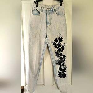 Vintage 80s Thrashed Daily Jeans Black Floral Design Size 11/12 Rare